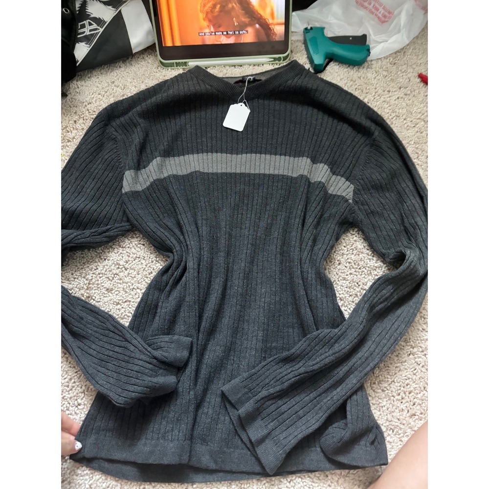 Vintage Ribbed Knit Sweater Y2K Aeropostale Gray Striped Crewneck XXL